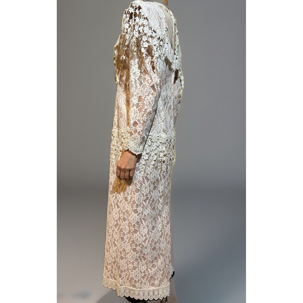 Vintage 80s Ivory Lace Wedding Dress Fringe Shoulder Victorian Prairie Boho 6/8